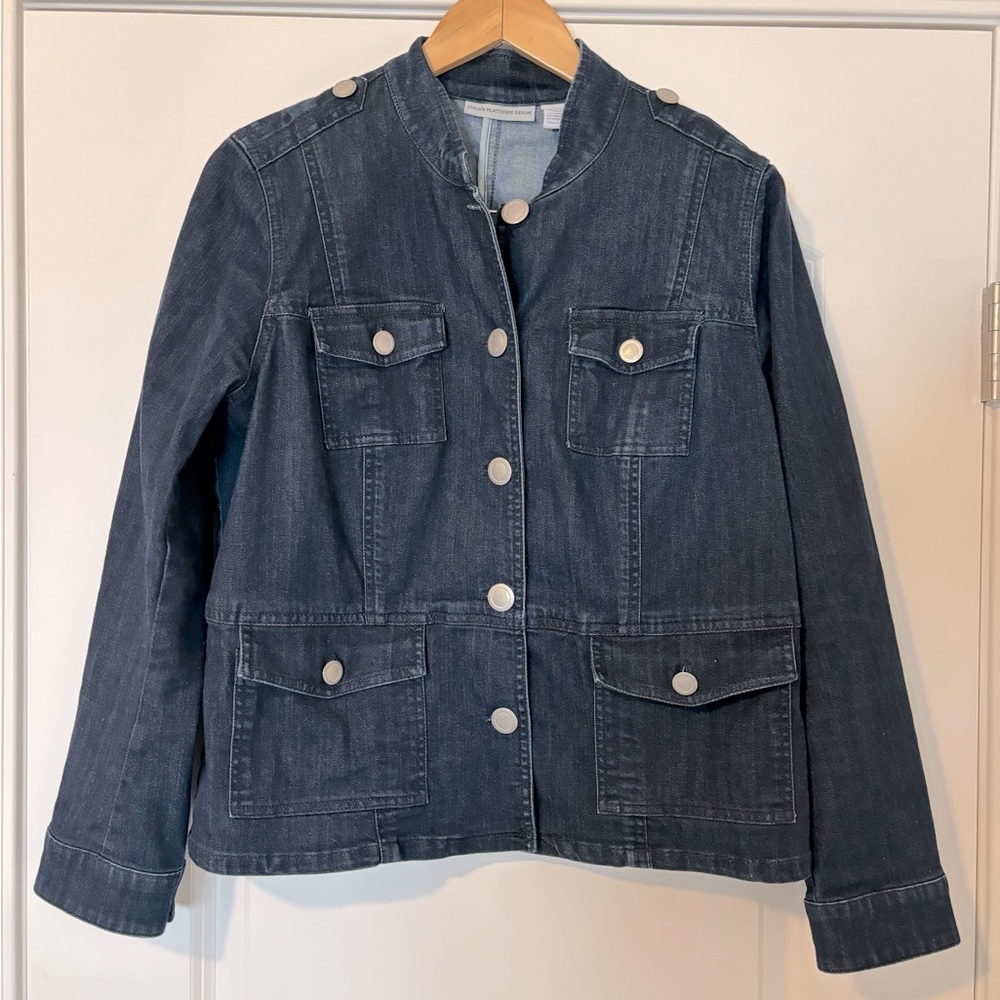 Chicos Platinum Denim Denim Blue Jean Button Up Pocket Blazer Jacket